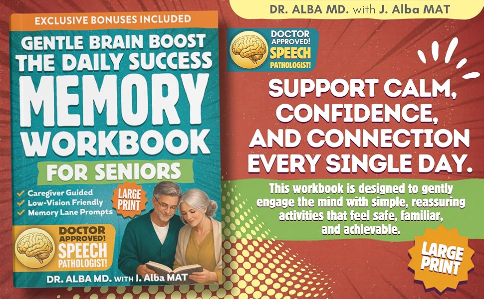 Gentle Brain Boost Memory Workbook for Seniors with large-print activities, caregiver guidance, and speech-language pathologist review.