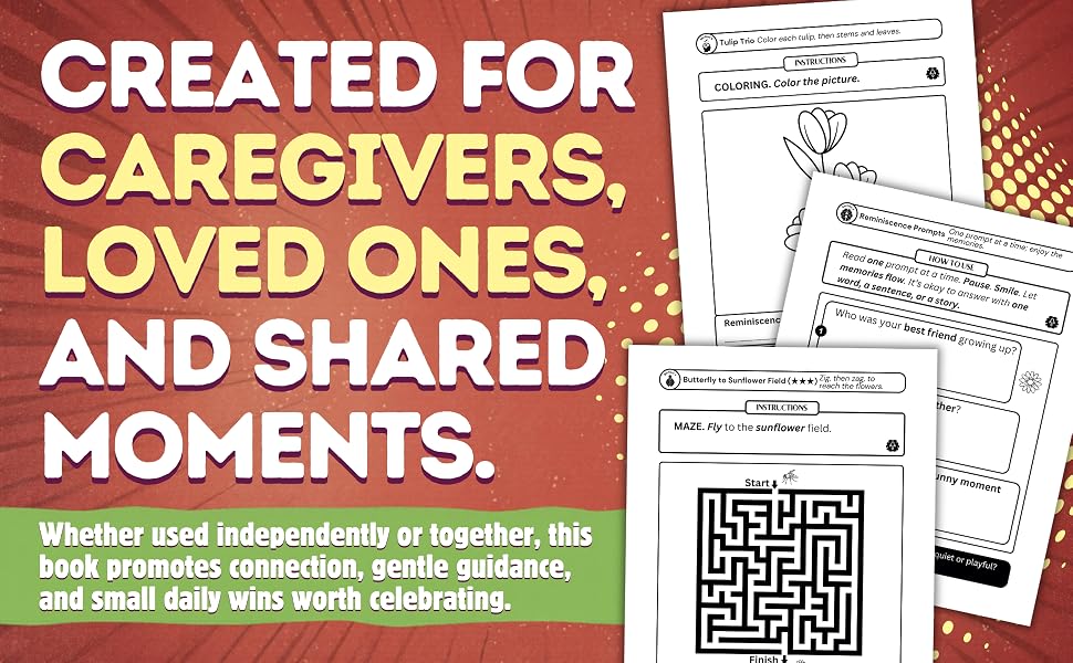 Memory workbook pages featuring a maze, coloring activity, and reminiscence prompts designed for seniors, caregivers, and family members.