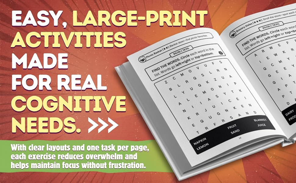 Open large-print memory workbook showing a word search activity with clear instructions, uncluttered pages, and easy-to-read formatting for seniors.